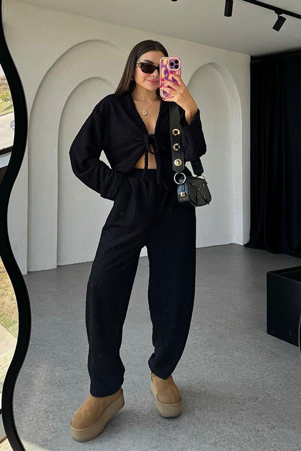 Otis Bağlamalı Dokulu Siyah Takım