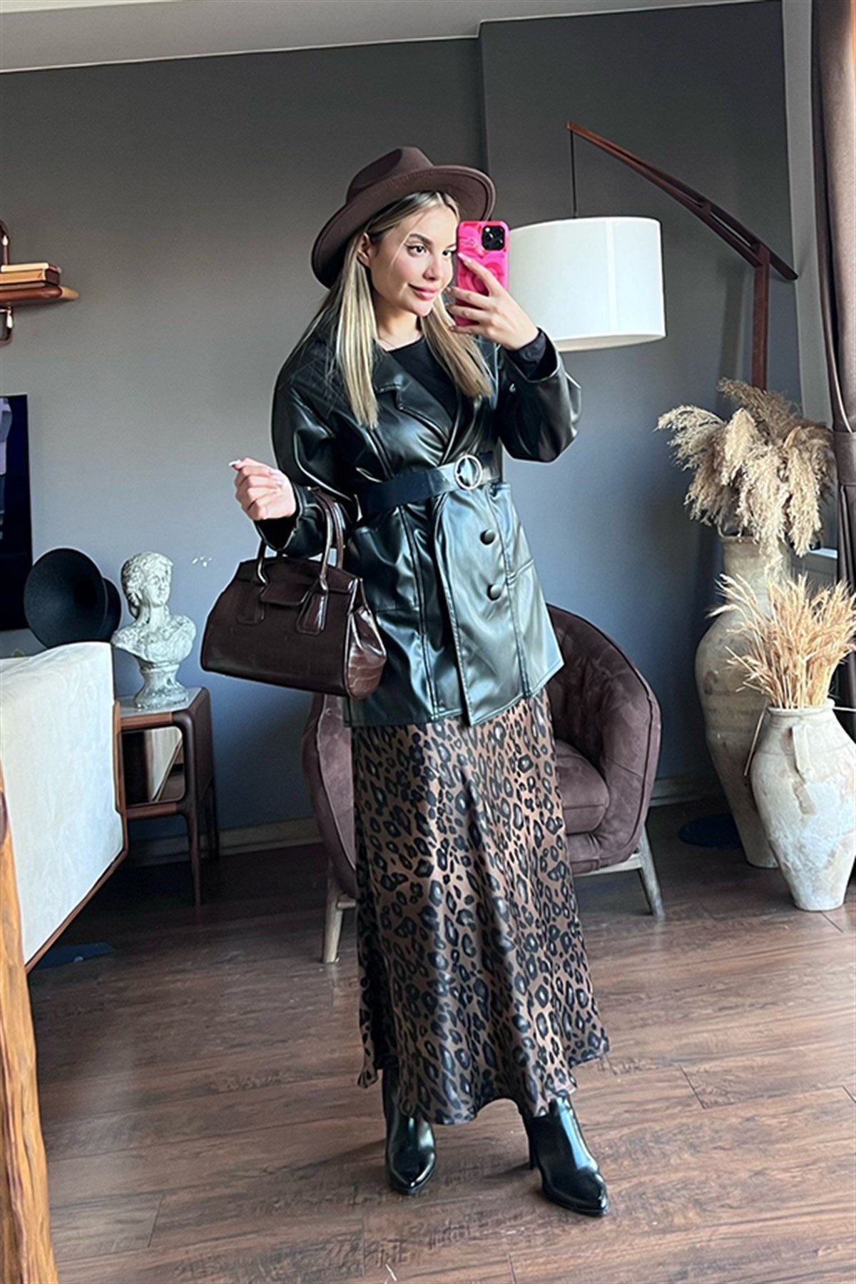 Oversize deri siyah blazer