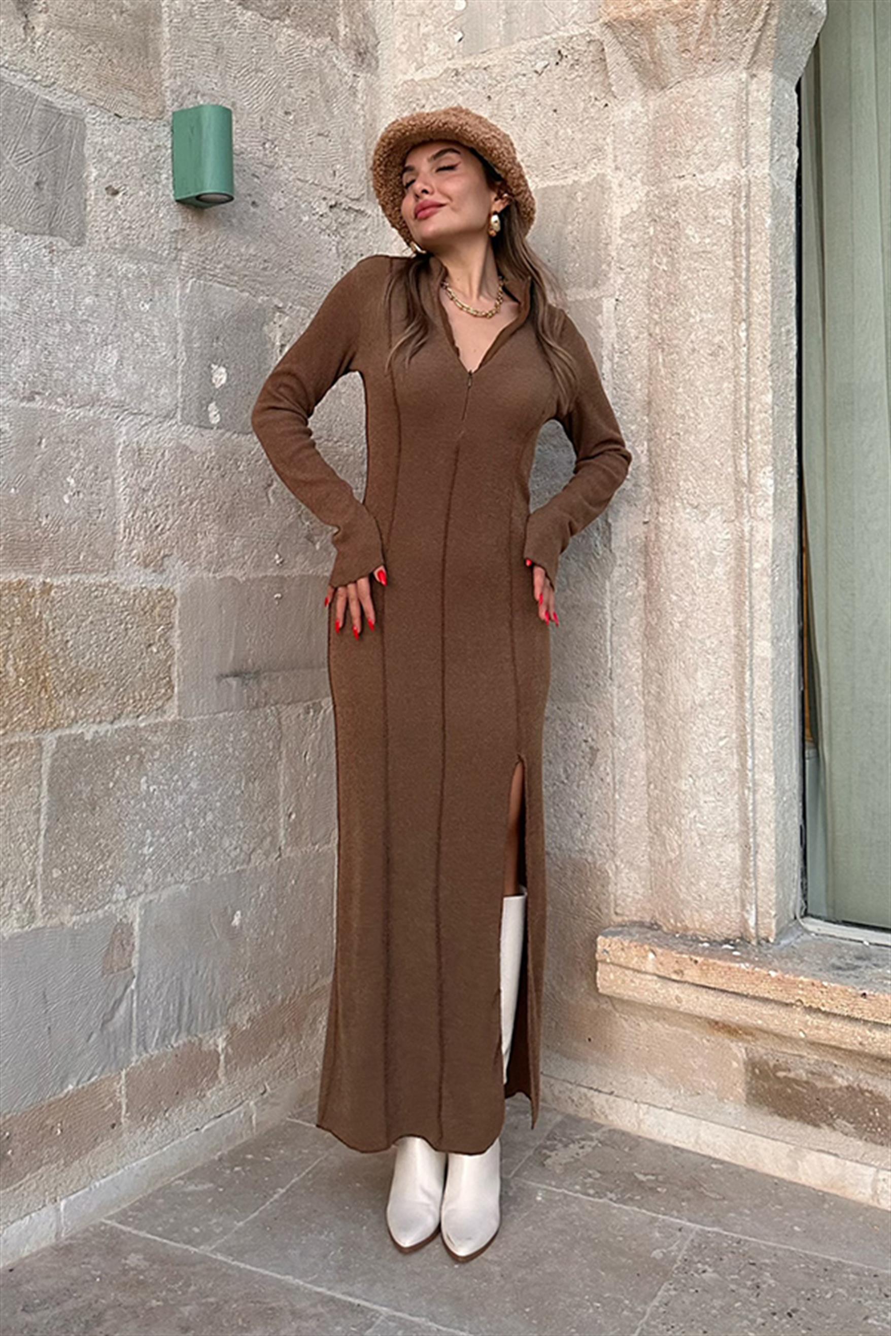 Owen Fermuarlı Uzun Triko Elbise