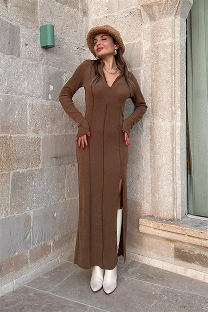 Owen Fermuarlı Uzun Triko Elbise