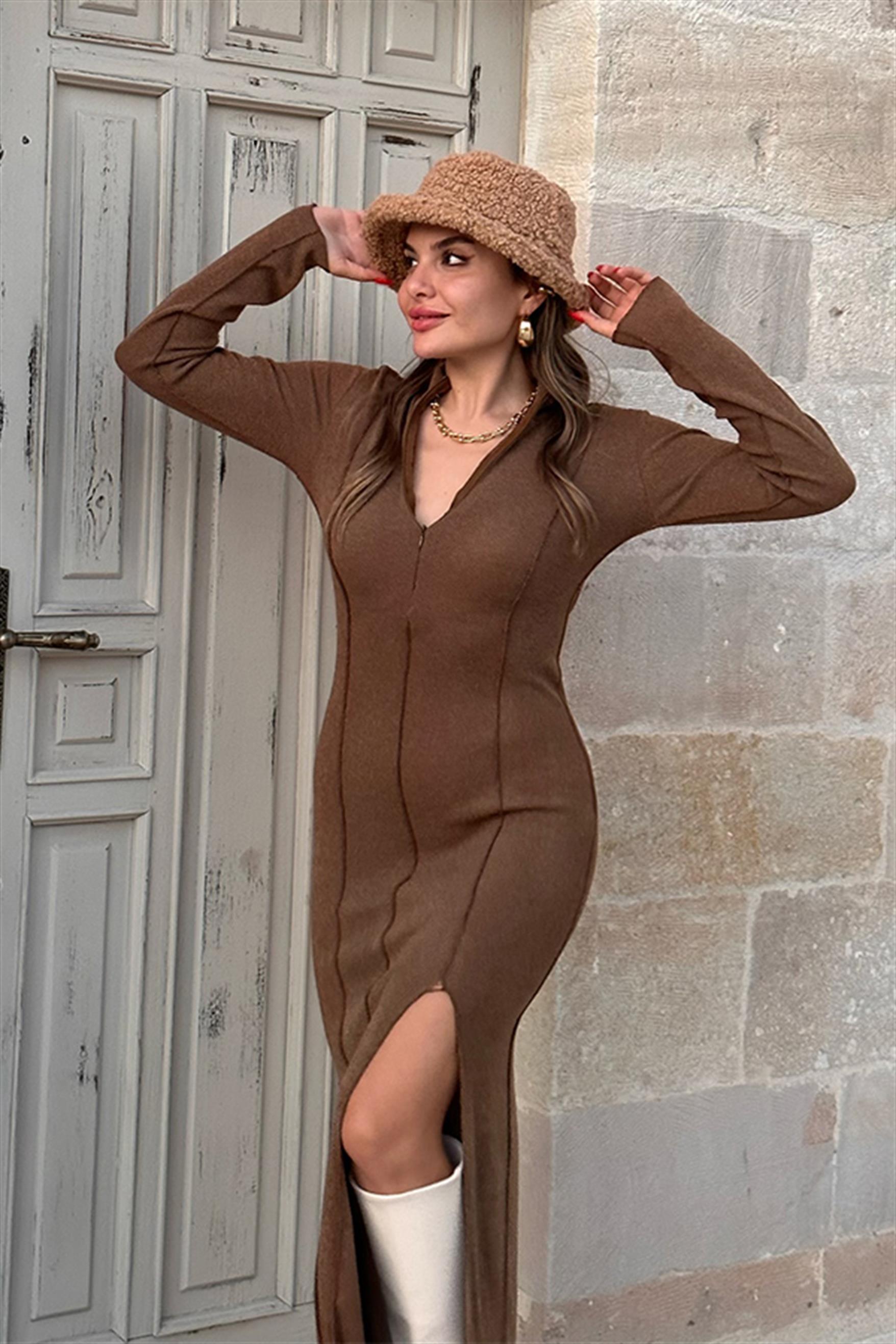 Owen Fermuarlı Uzun Triko Elbise