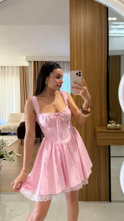 Oxana Pembe Dantel Korsel Etkili Elbise