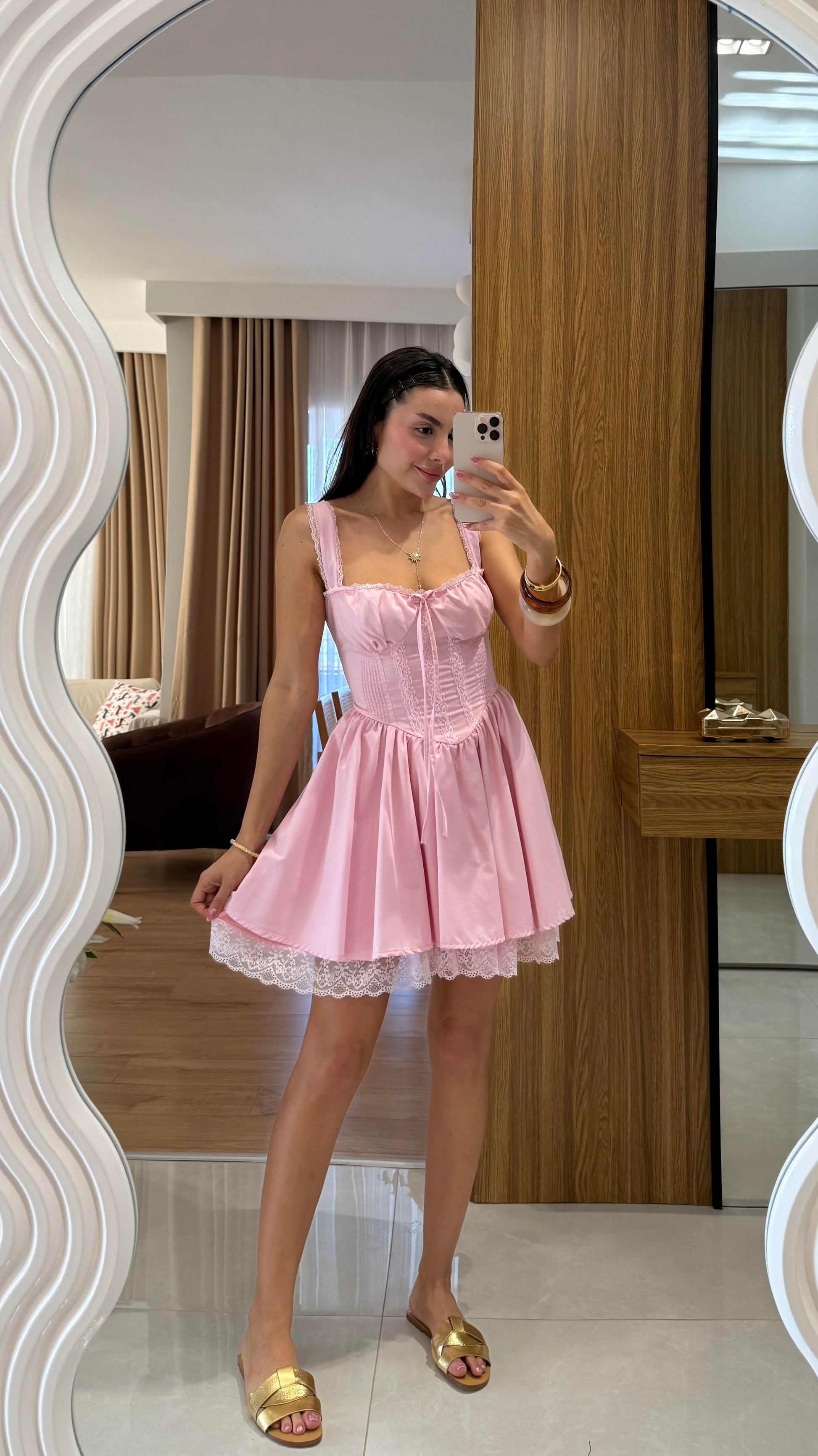 Oxana Pembe Dantel Korsel Etkili Elbise