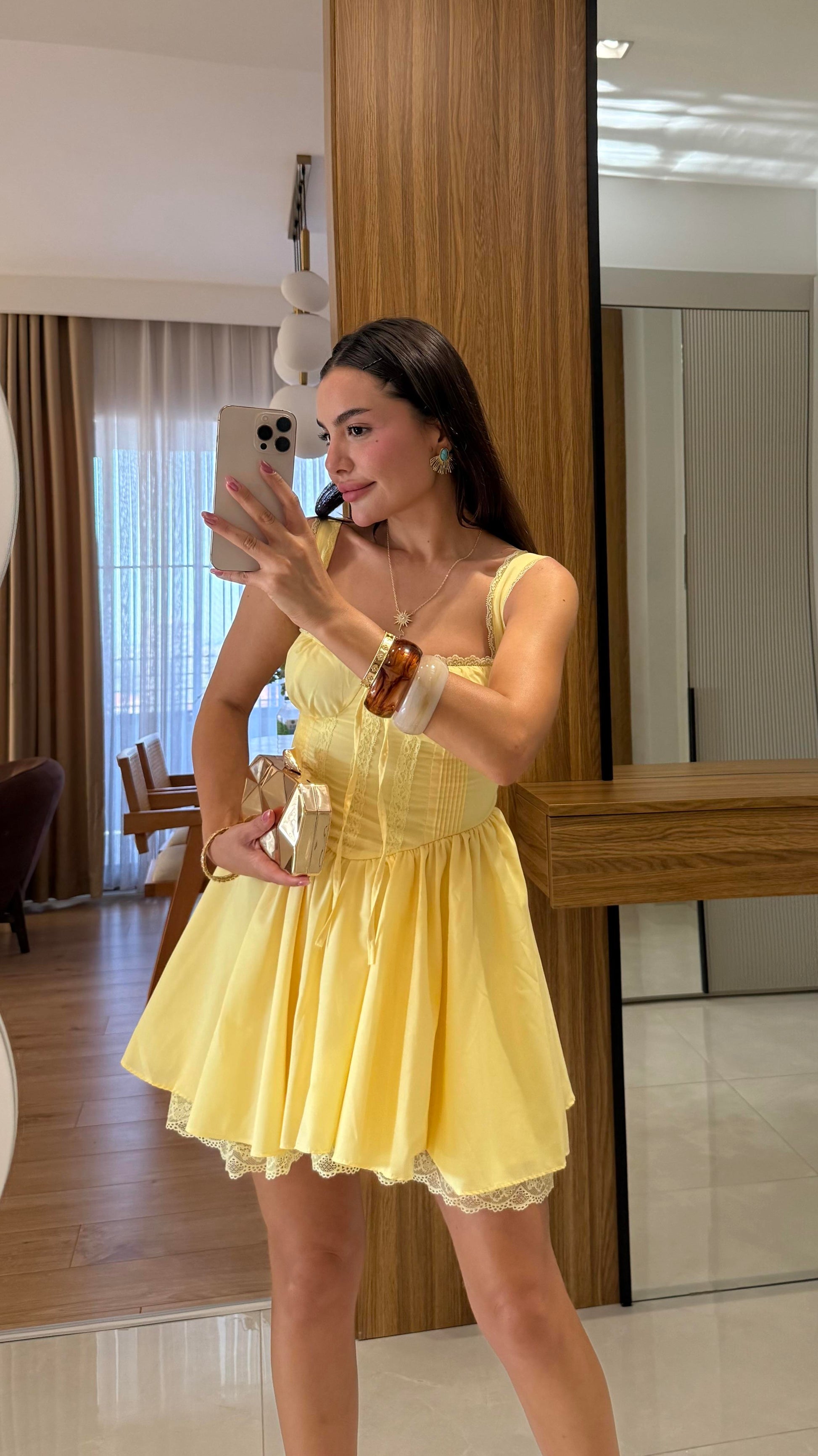 Oxana Sarı Dantel Korsel Etkili Elbise