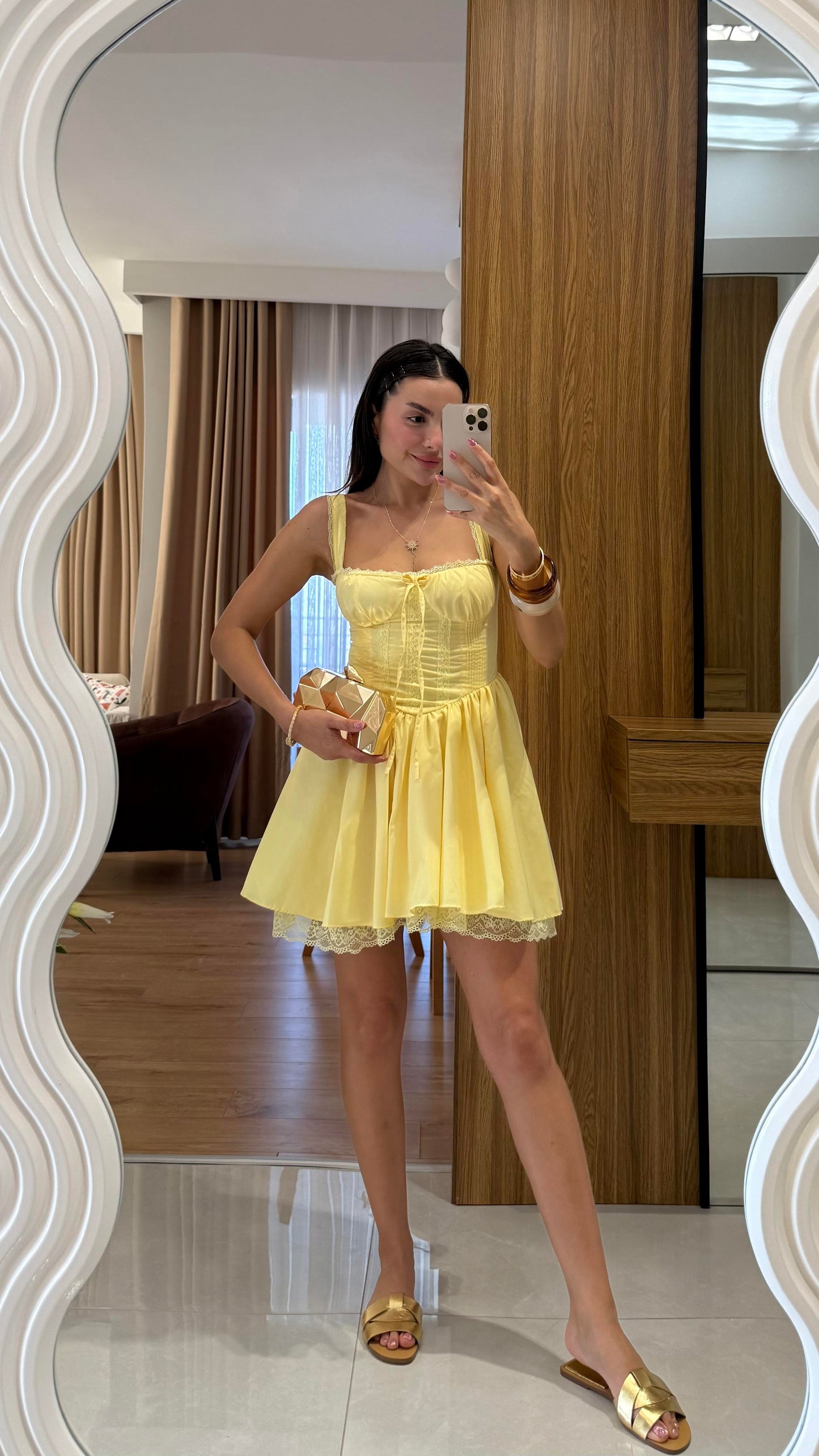 Oxana Sarı Dantel Korsel Etkili Elbise