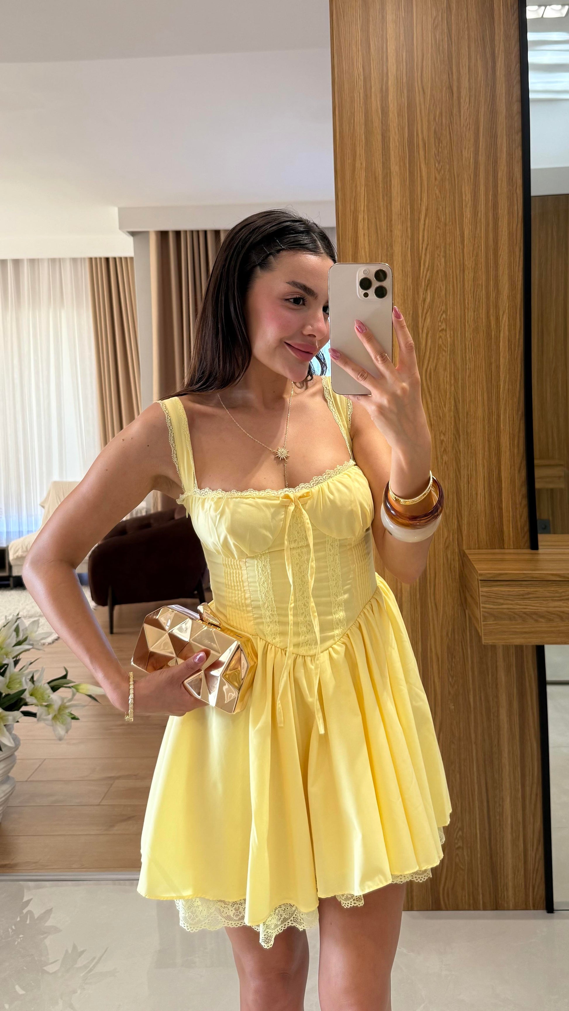 Oxana Sarı Dantel Korsel Etkili Elbise