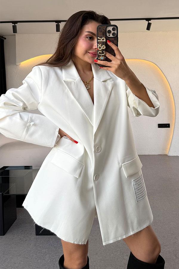 Pablo Beyaz Cebi Yazılı Blazer Ceket