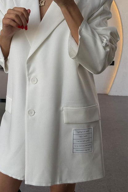 Pablo Beyaz Cebi Yazılı Blazer Ceket
