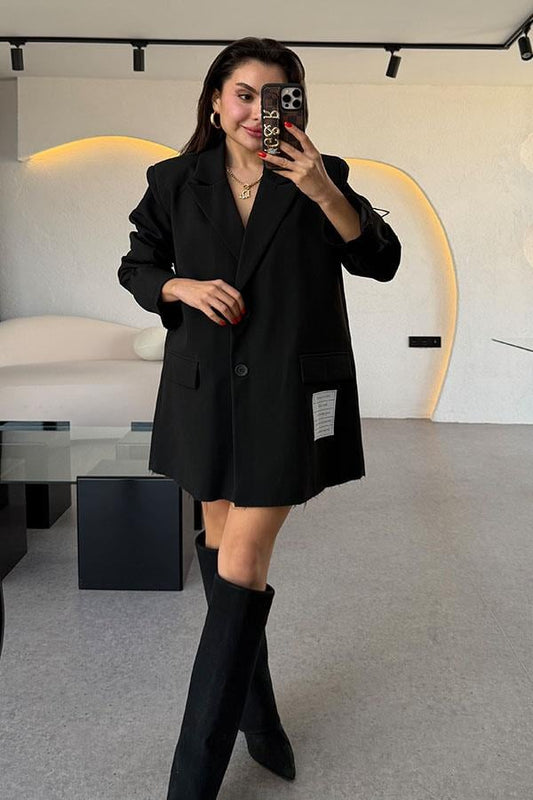 Pablo Siyah Cebi Yazılı Blazer Ceket