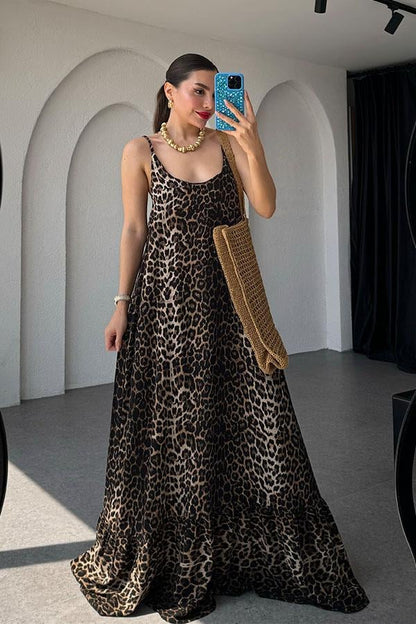 Paisley Leopar Desen Askılı Uzun Elbise-Kahve