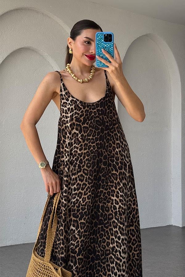 Paisley Leopar Desen Askılı Uzun Elbise-Kahve
