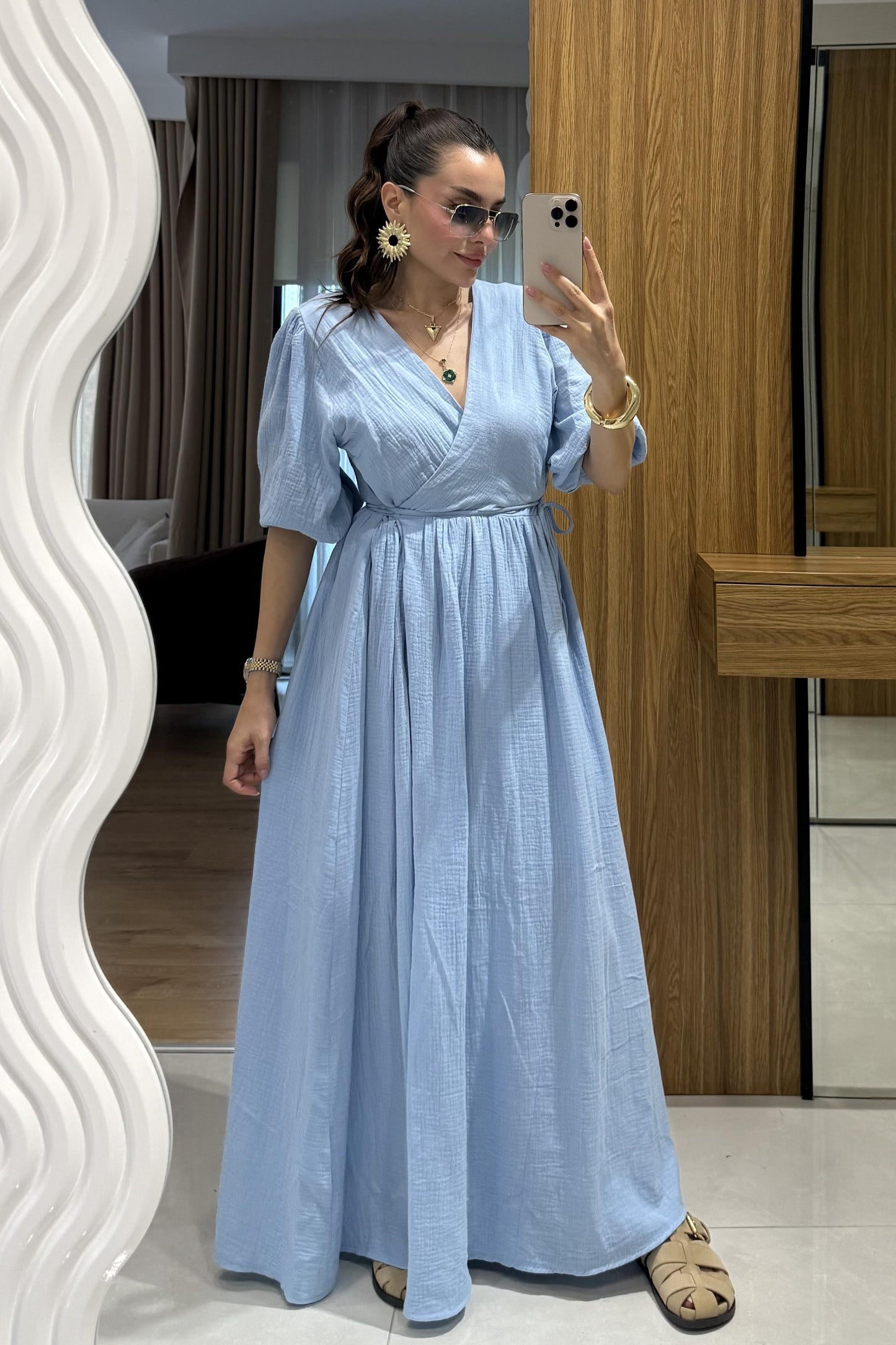 Palmier Bebe Mavi Balon Kol Müslin Elbise