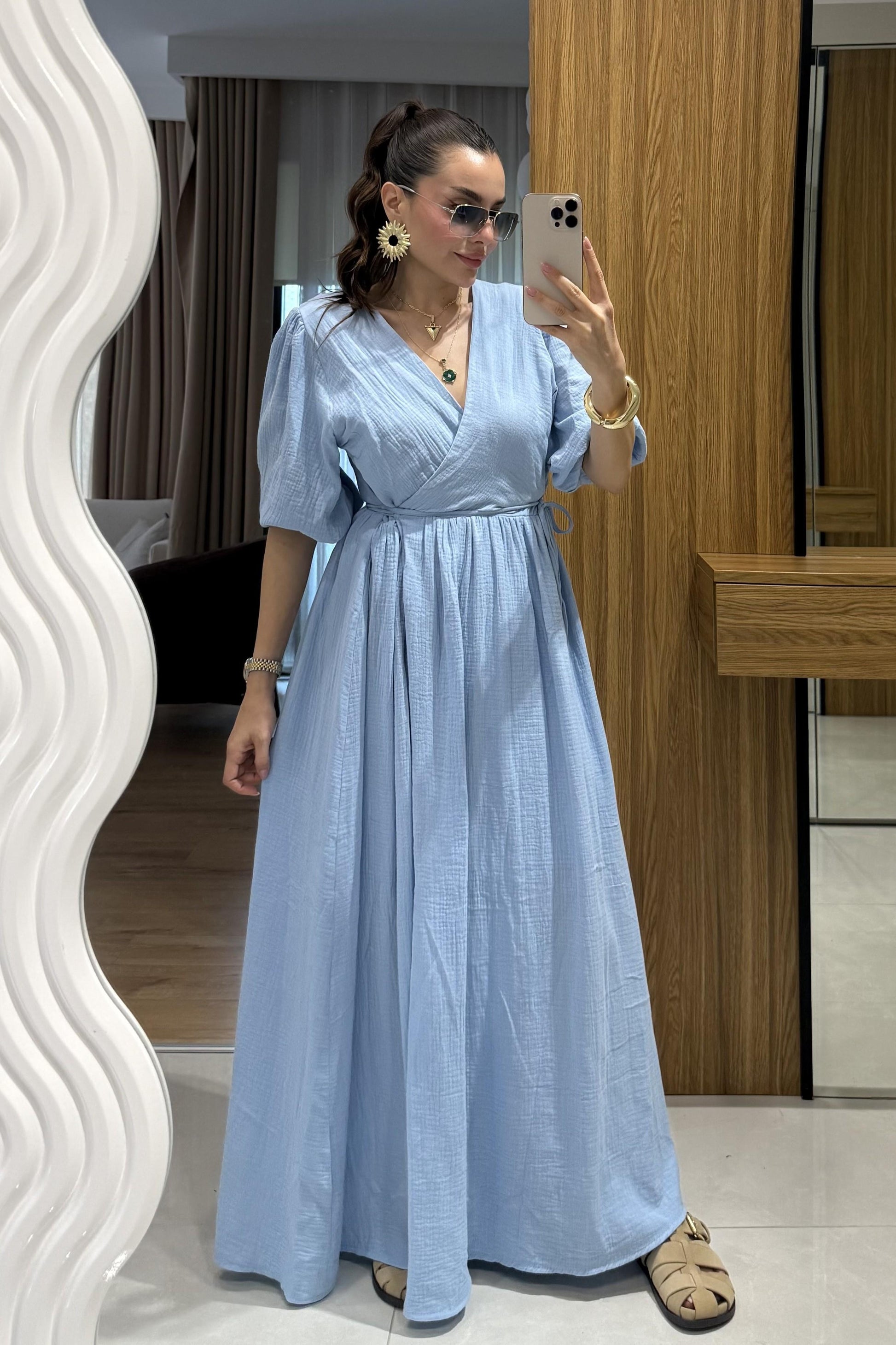 Palmier Bebe Mavi Balon Kol Müslin Elbise