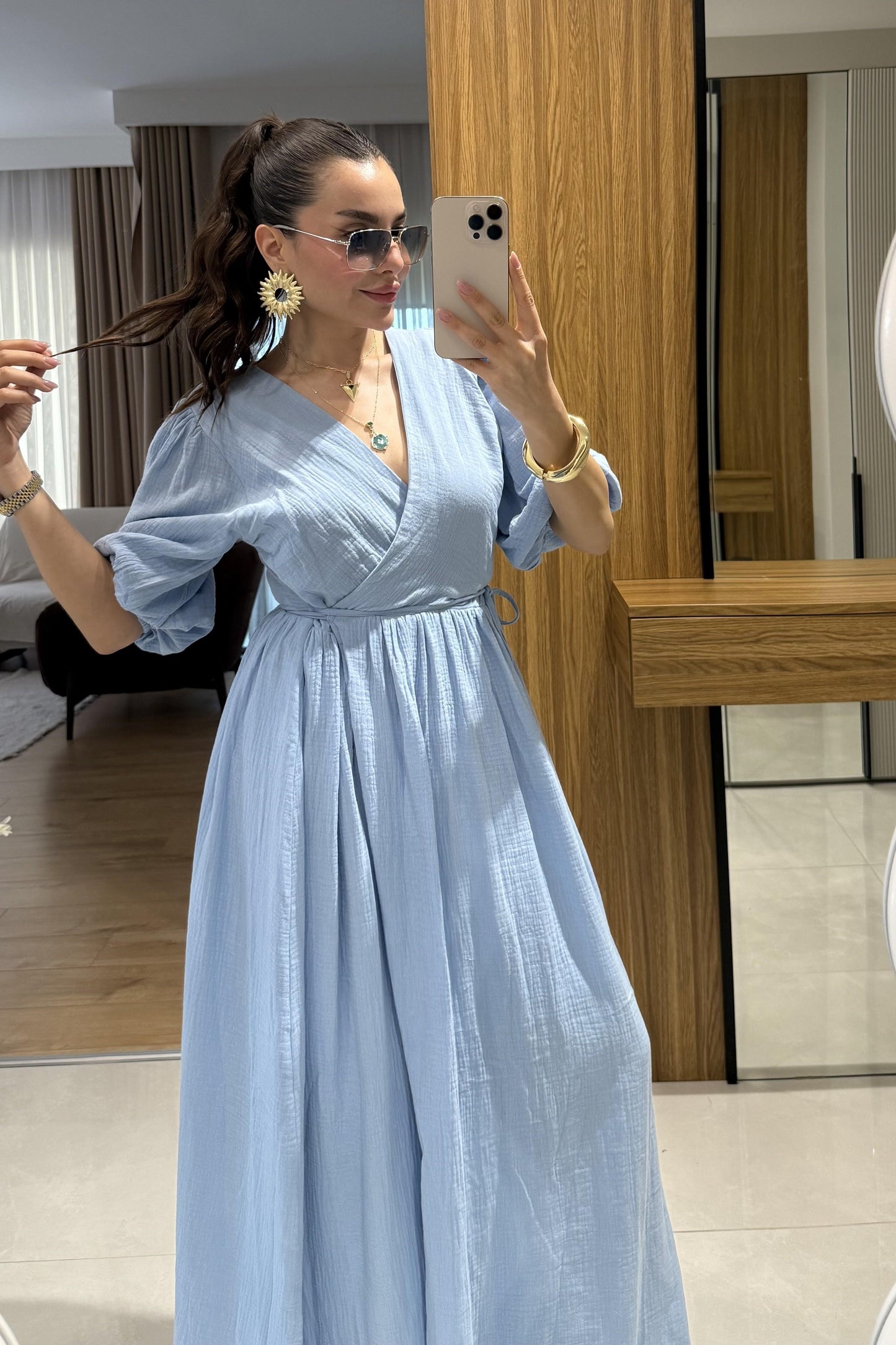 Palmier Bebe Mavi Balon Kol Müslin Elbise