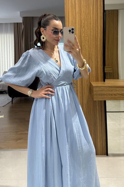 Palmier Bebe Mavi Balon Kol Müslin Elbise