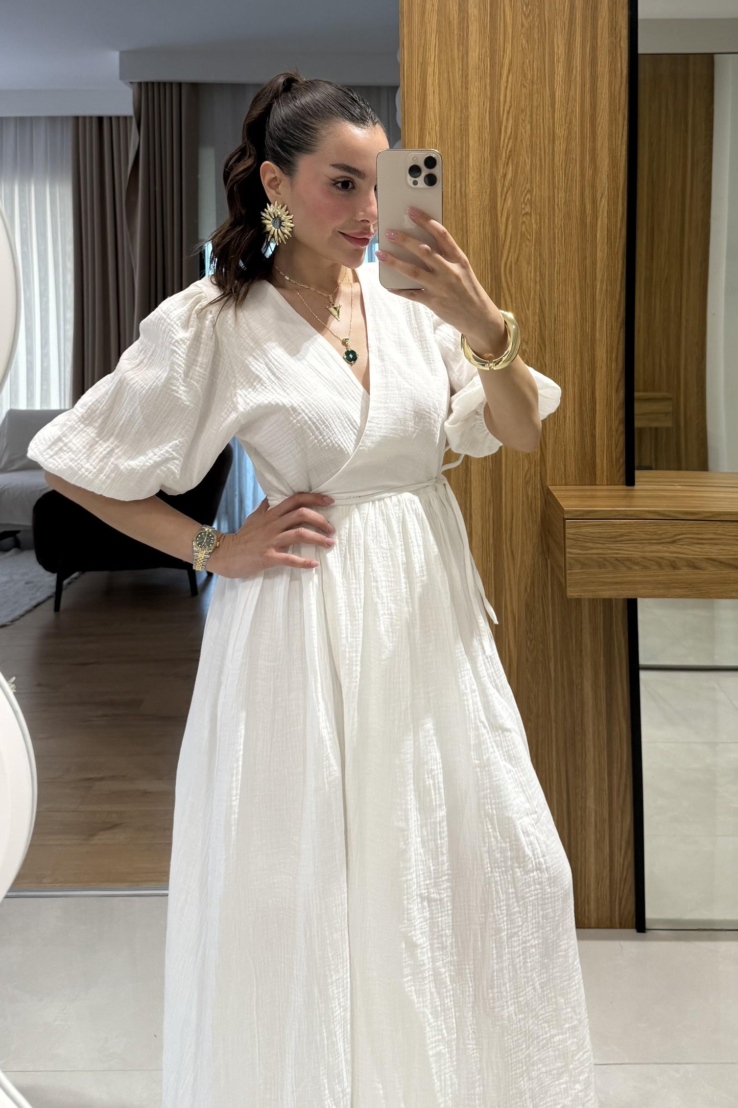 Palmier Beyaz Balon Kol Müslin Elbise