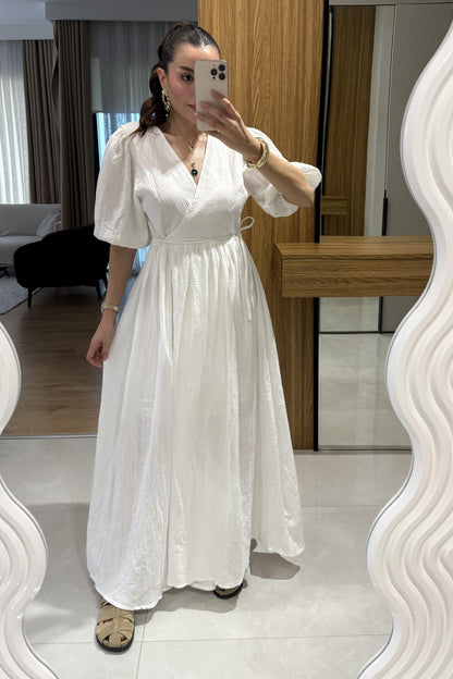 Palmier Beyaz Balon Kol Müslin Elbise