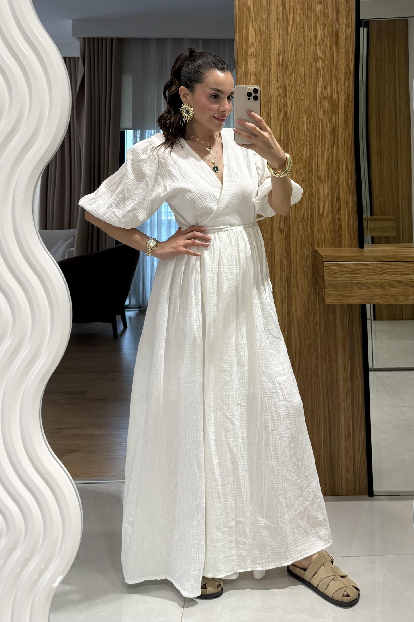 Palmier Beyaz Balon Kol Müslin Elbise