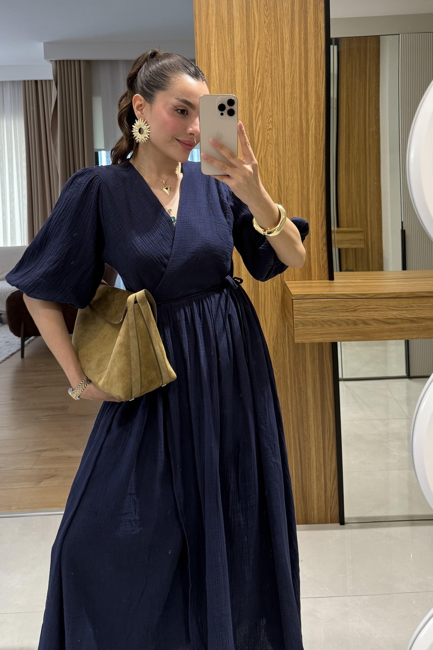 Palmier Lacivert Balon Kol Müslin Elbise