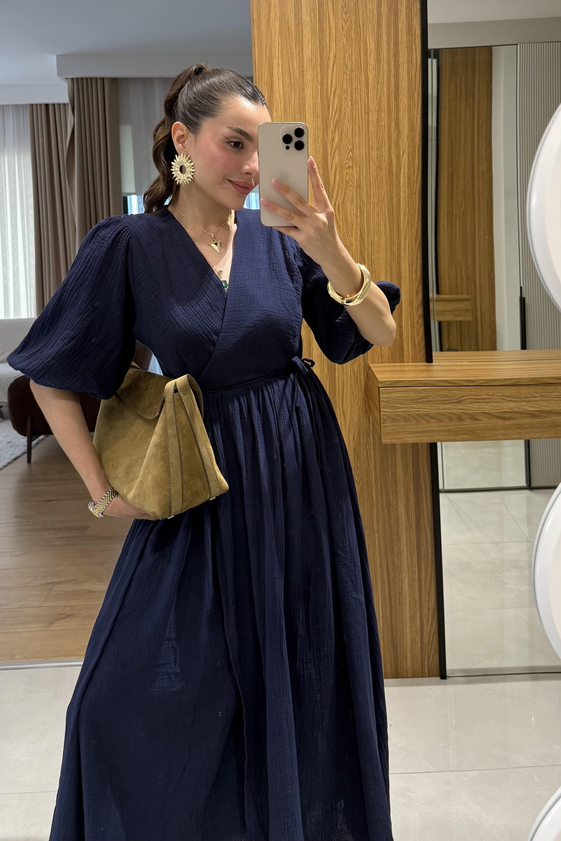 Palmier Lacivert Balon Kol Müslin Elbise