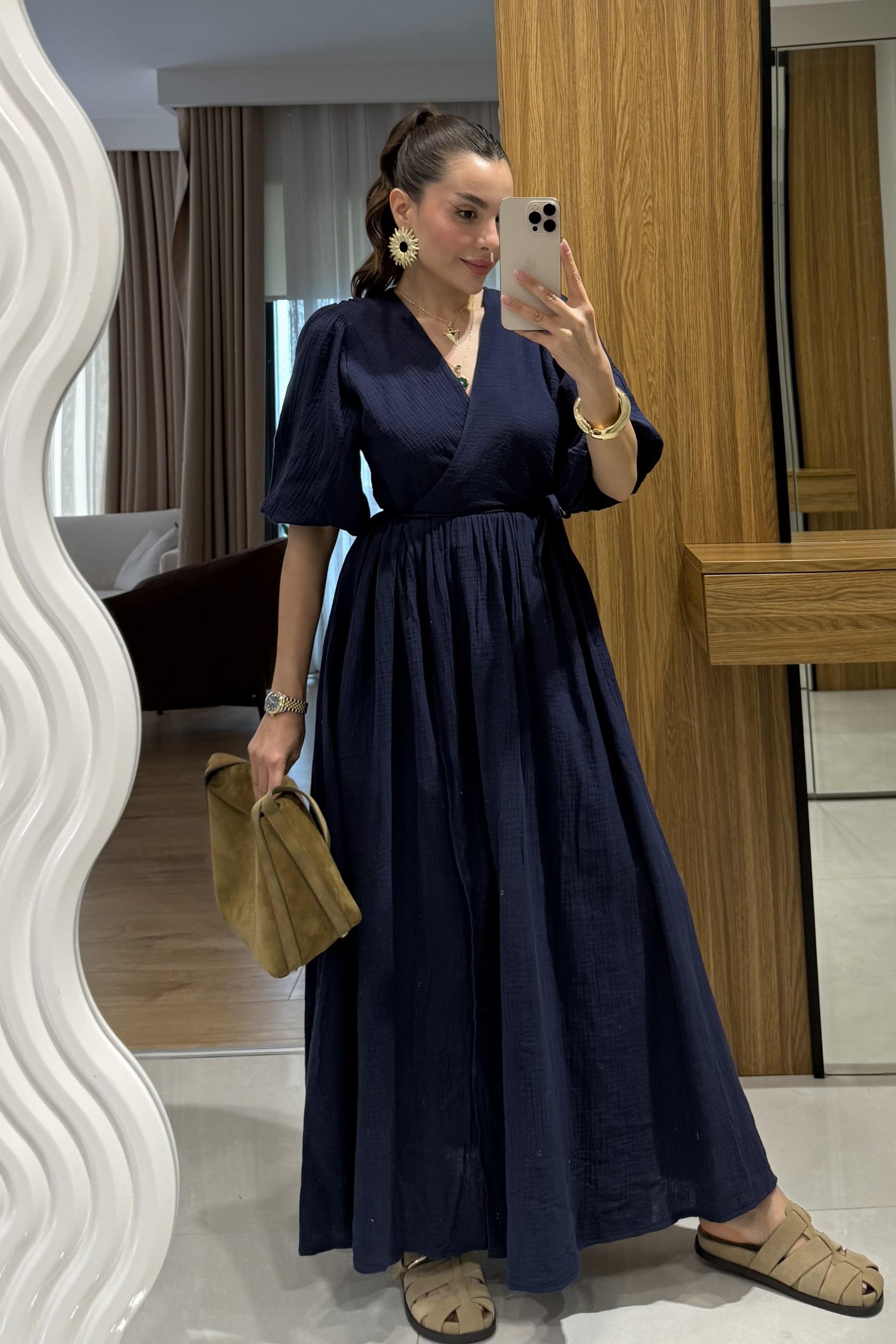 Palmier Lacivert Balon Kol Müslin Elbise