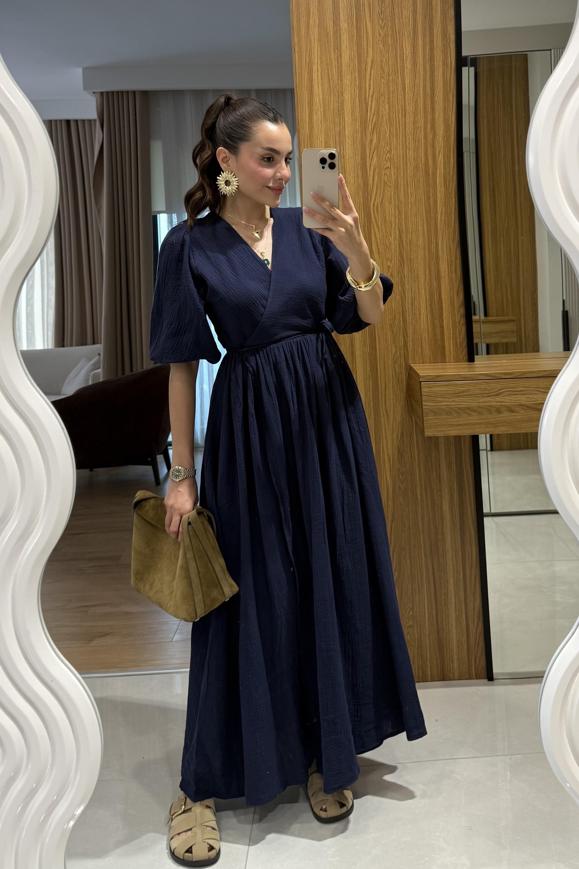 Palmier Lacivert Balon Kol Müslin Elbise