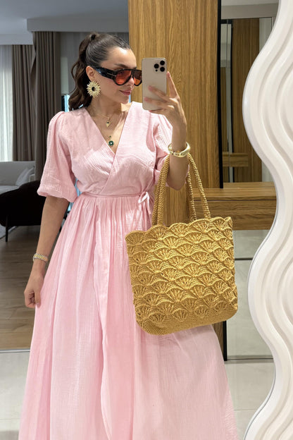 Palmier Pembe Balon Kol Müslin Elbise