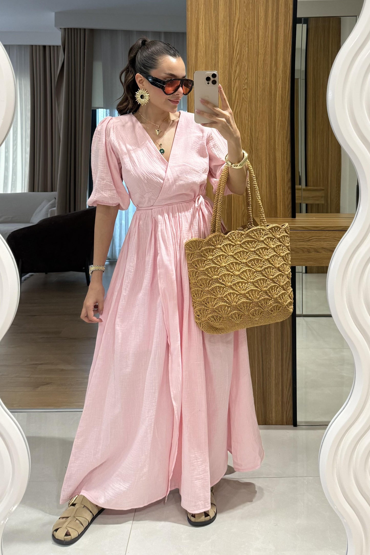 Palmier Pembe Balon Kol Müslin Elbise