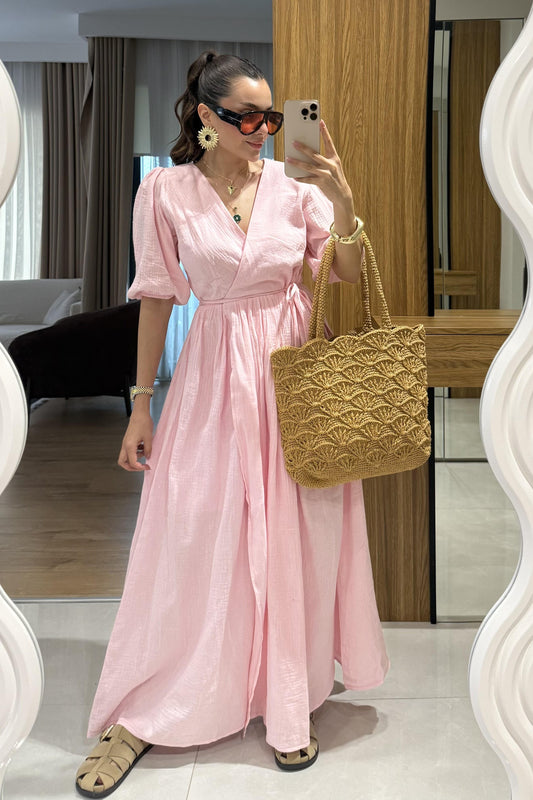 Palmier Pembe Balon Kol Müslin Elbise