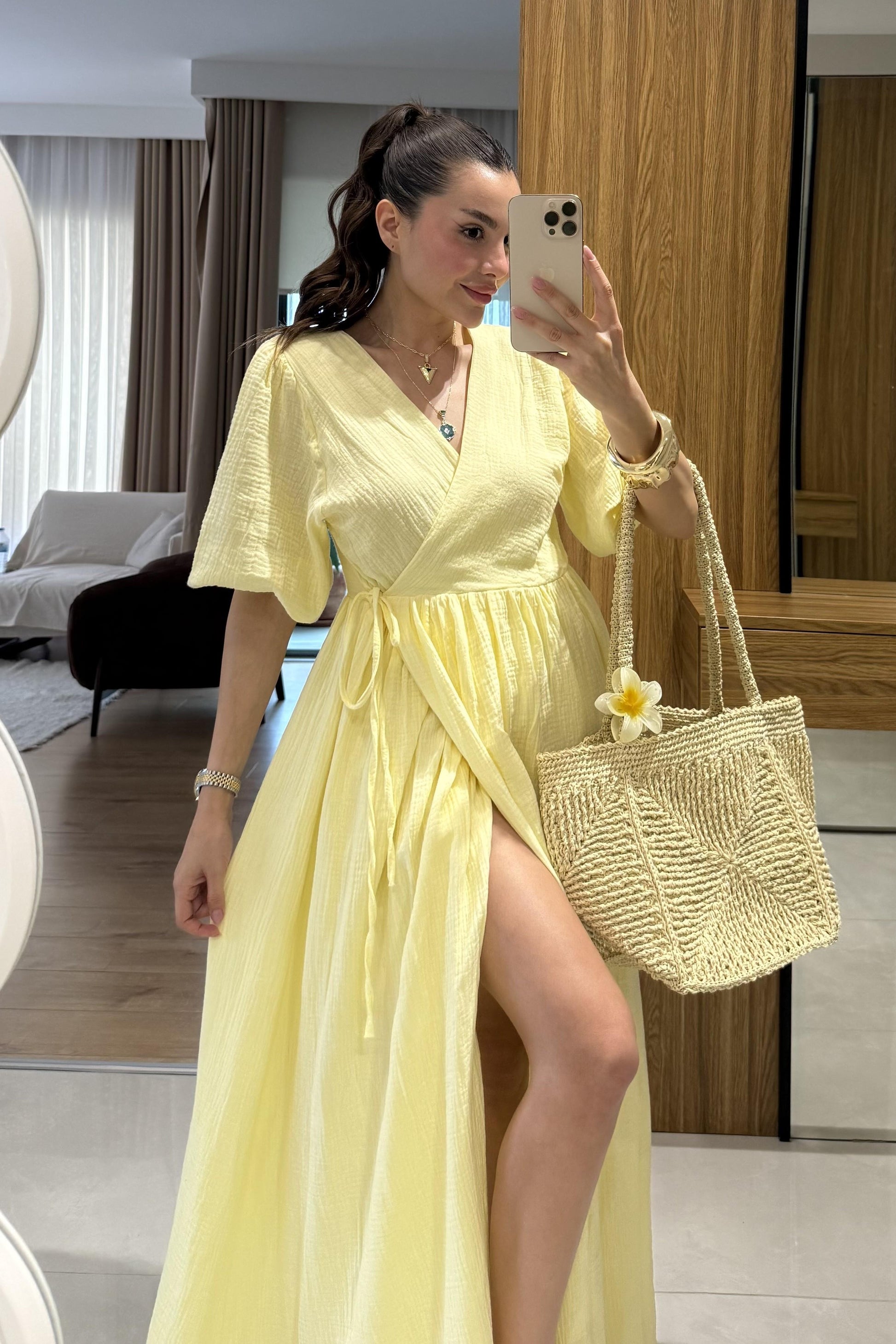 Palmier Sarı Balon Kol Müslin Elbise