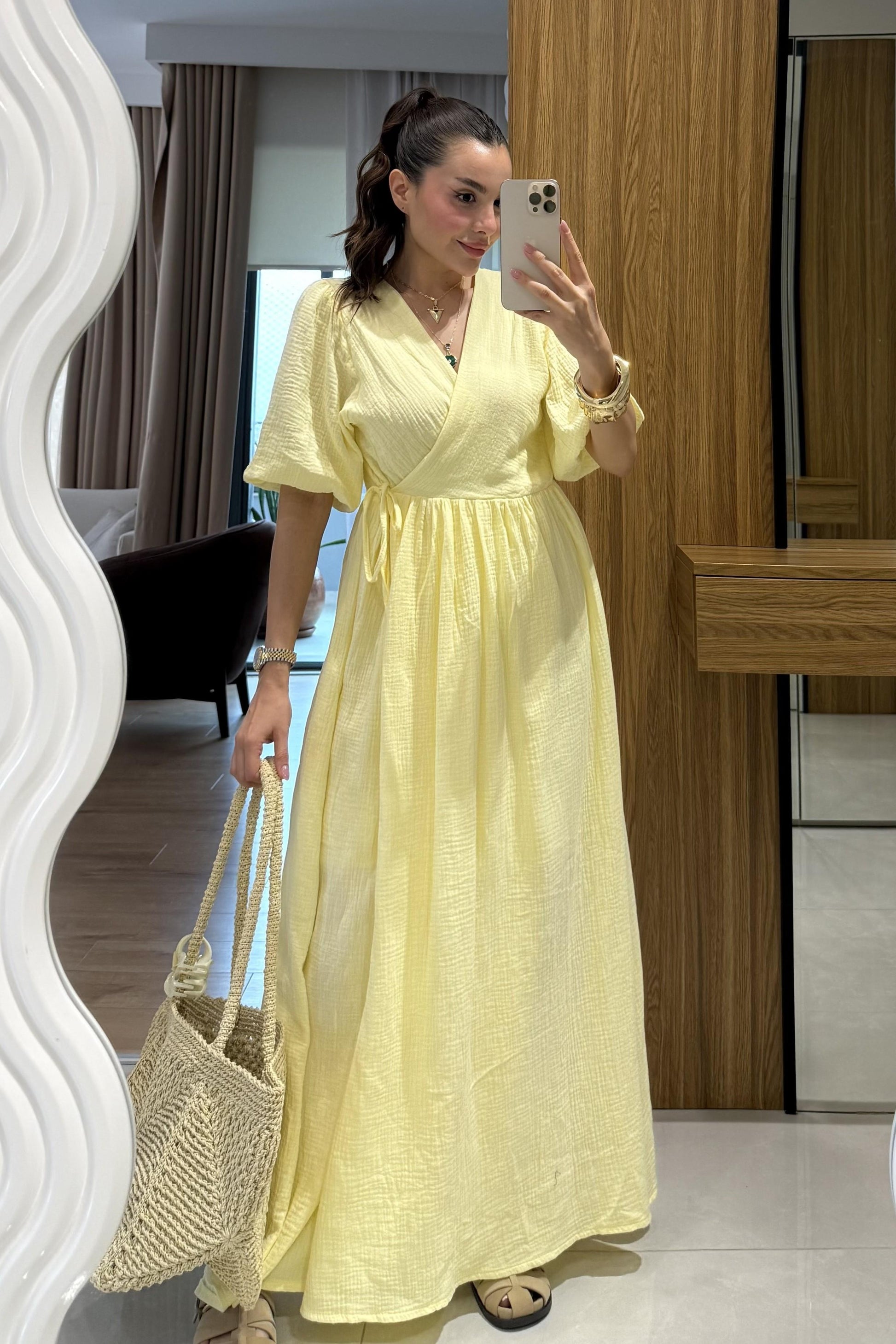 Palmier Sarı Balon Kol Müslin Elbise