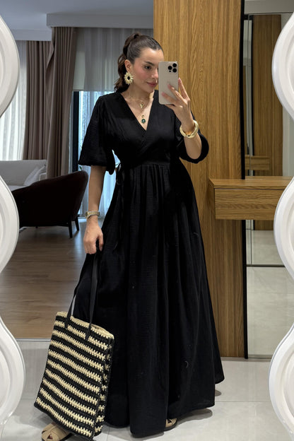 Palmier Siyah Balon Kol Müslin Elbise