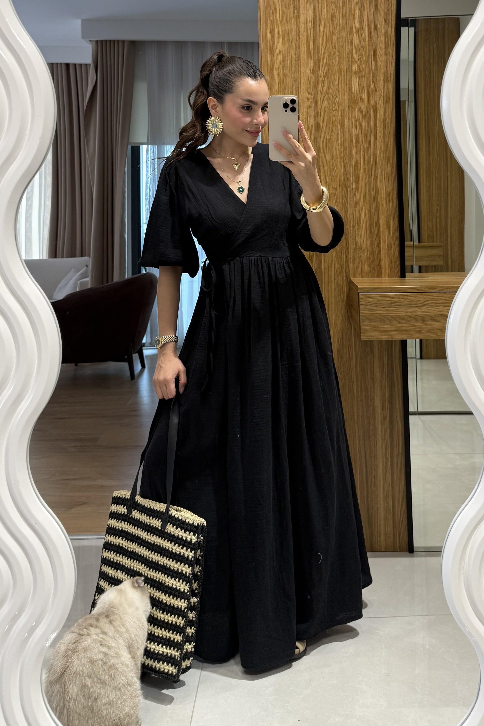 Palmier Siyah Balon Kol Müslin Elbise