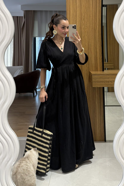 Palmier Siyah Balon Kol Müslin Elbise