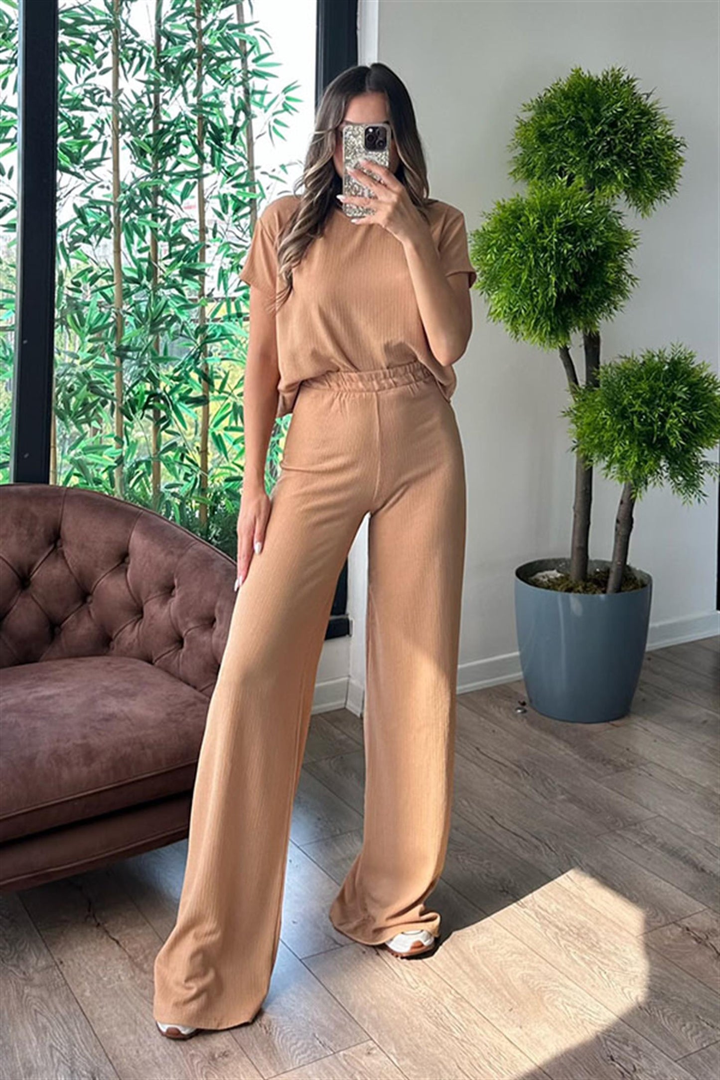 Panky yarım kol spor gofre takım - Karamel