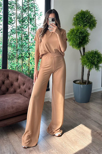 Panky yarım kol spor gofre takım - Karamel