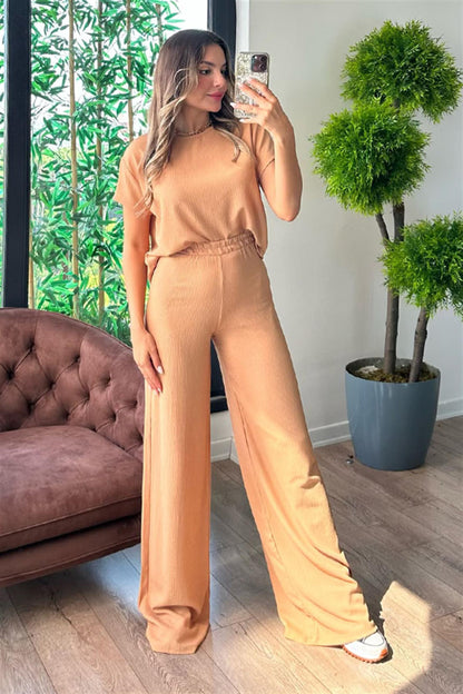Panky yarım kol spor gofre takım - Karamel