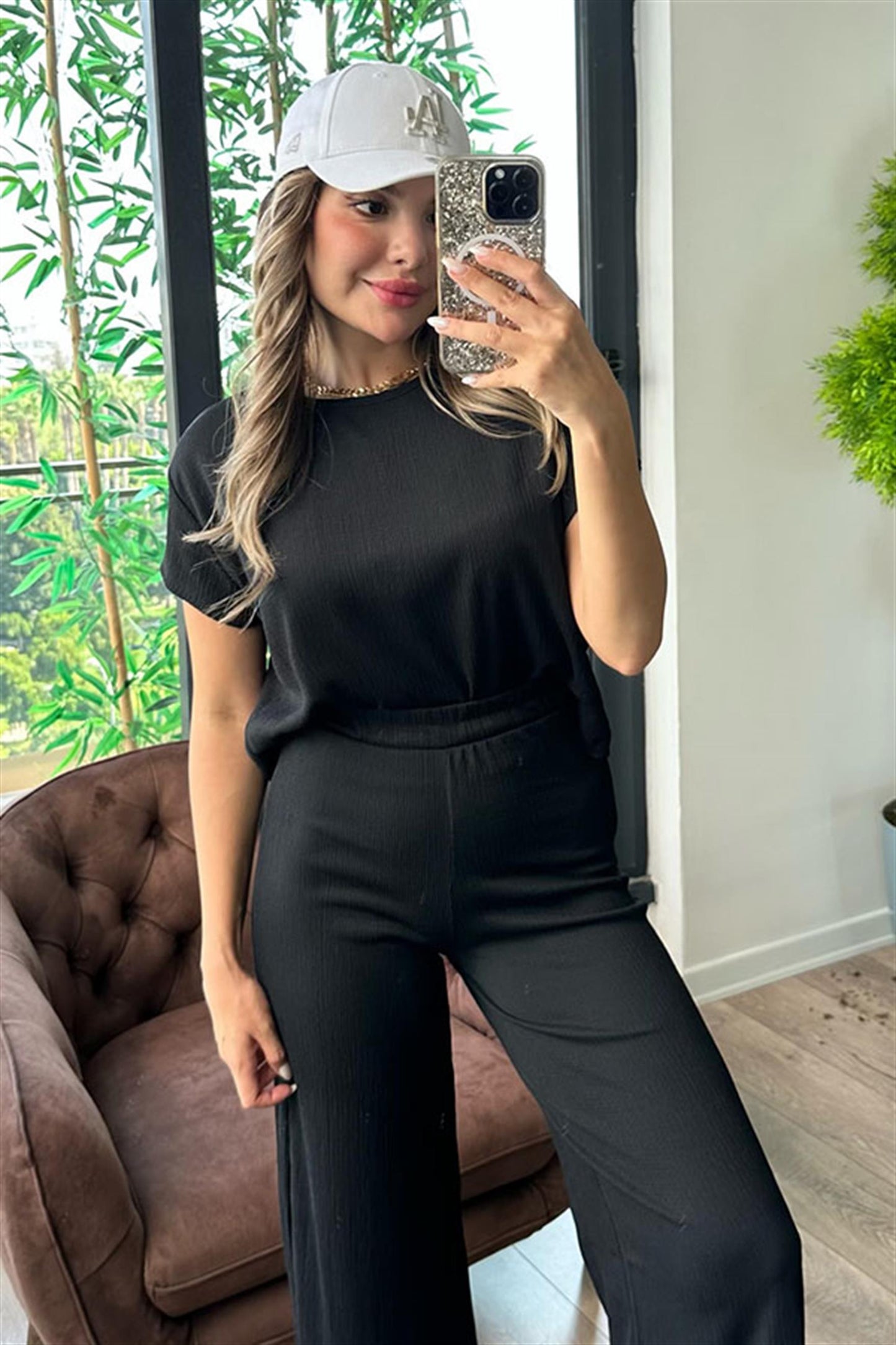 Panky yarım kol spor gofre takım - Siyah