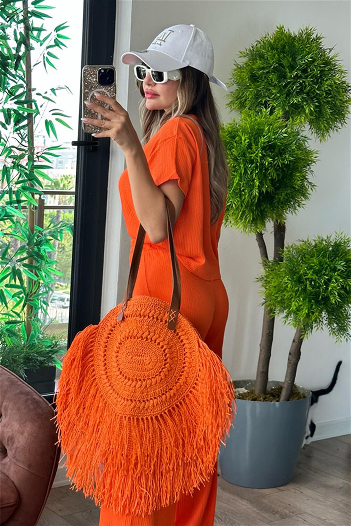 Panky yarım kol spor gofre takım - Turuncu