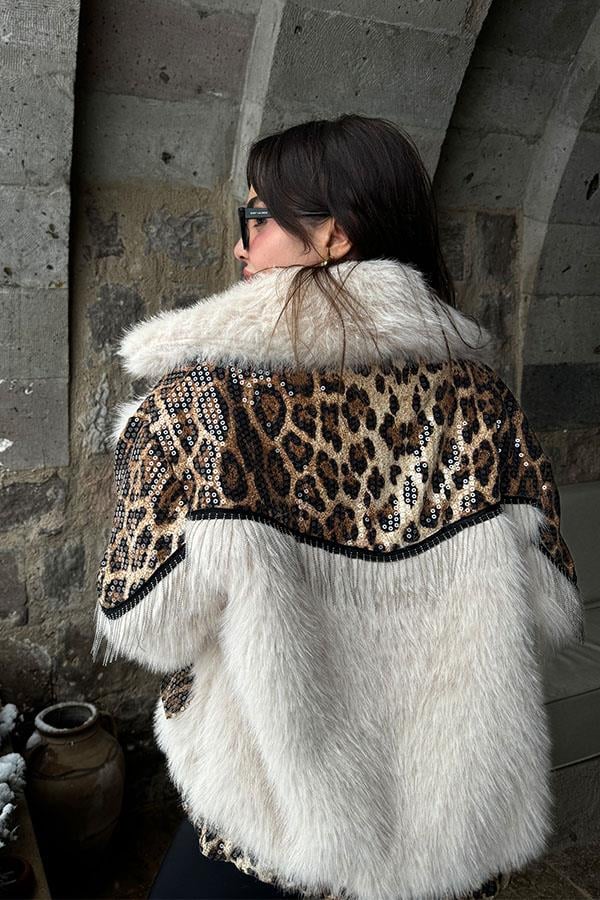 Panthera Krem Pulpayet Detaylı Premium Kürk Kaban