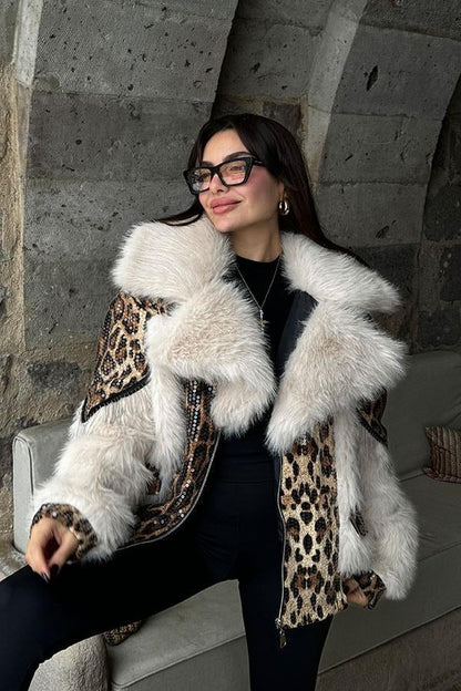 Panthera Krem Pulpayet Detaylı Premium Kürk Kaban