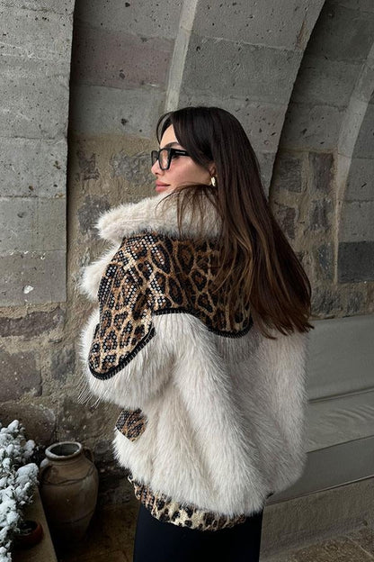 Panthera Krem Pulpayet Detaylı Premium Kürk Kaban