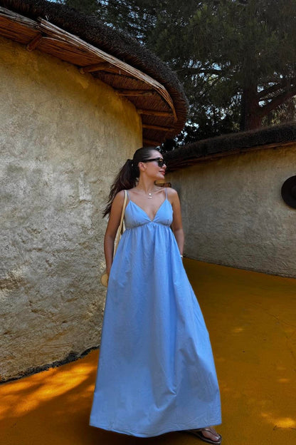 Paola Mavi Sırt Dekolteli Maxi Elbise