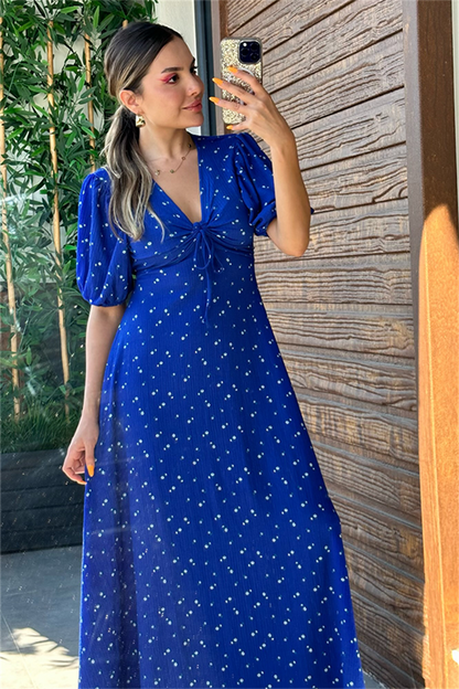 Papaya saks mavi çiçekli çıtır elbise