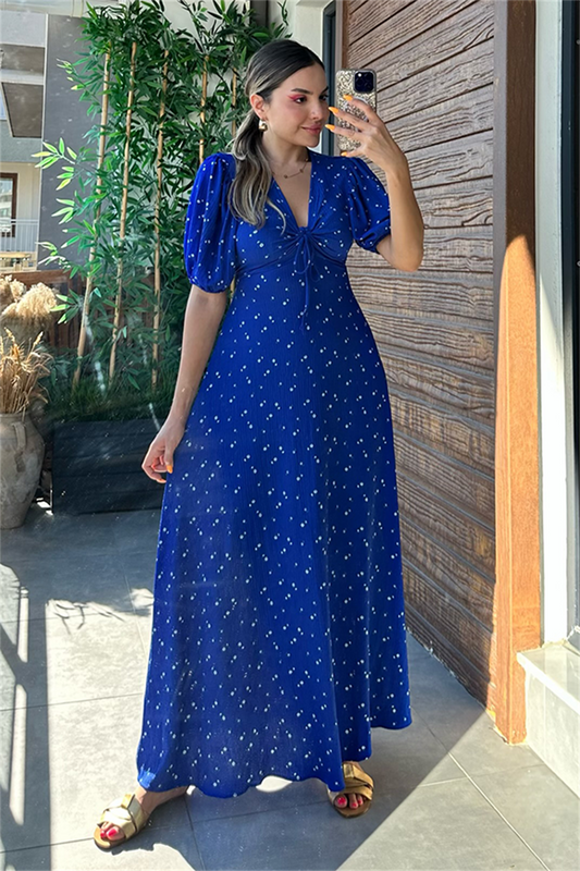 Papaya saks mavi çiçekli çıtır elbise