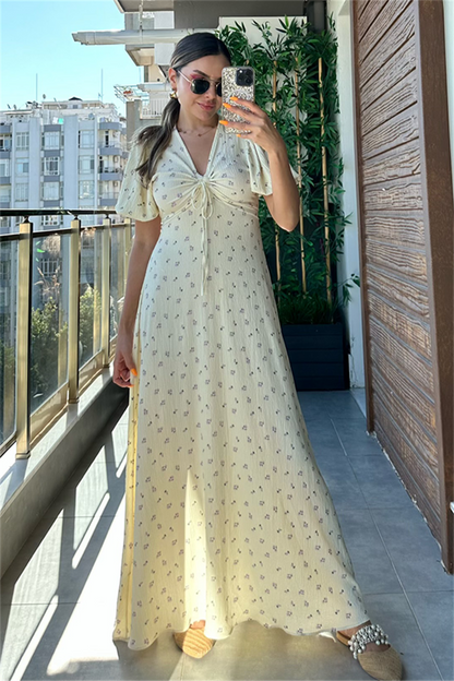 Papaya sarı çiçekli çıtır elbise