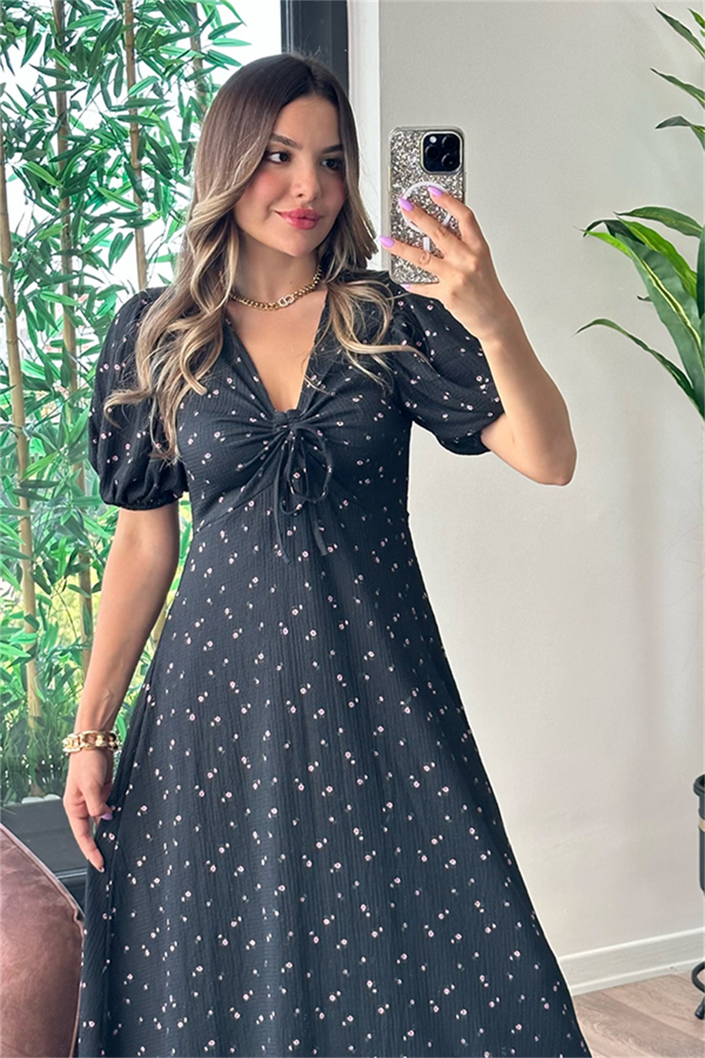 Papaya siyah çiçekli çıtır elbise