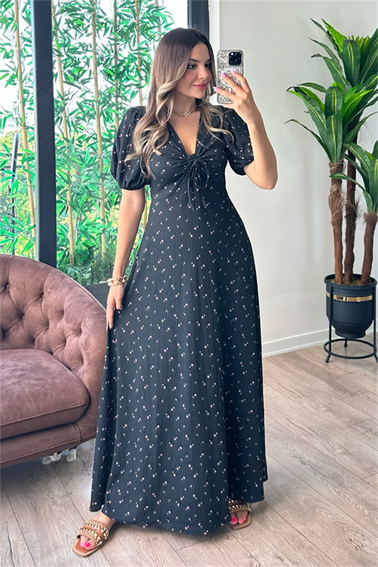 Papaya siyah çiçekli çıtır elbise