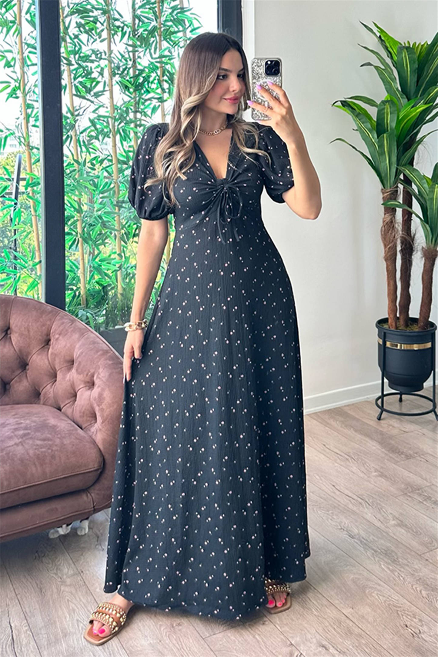 Papaya siyah çiçekli çıtır elbise