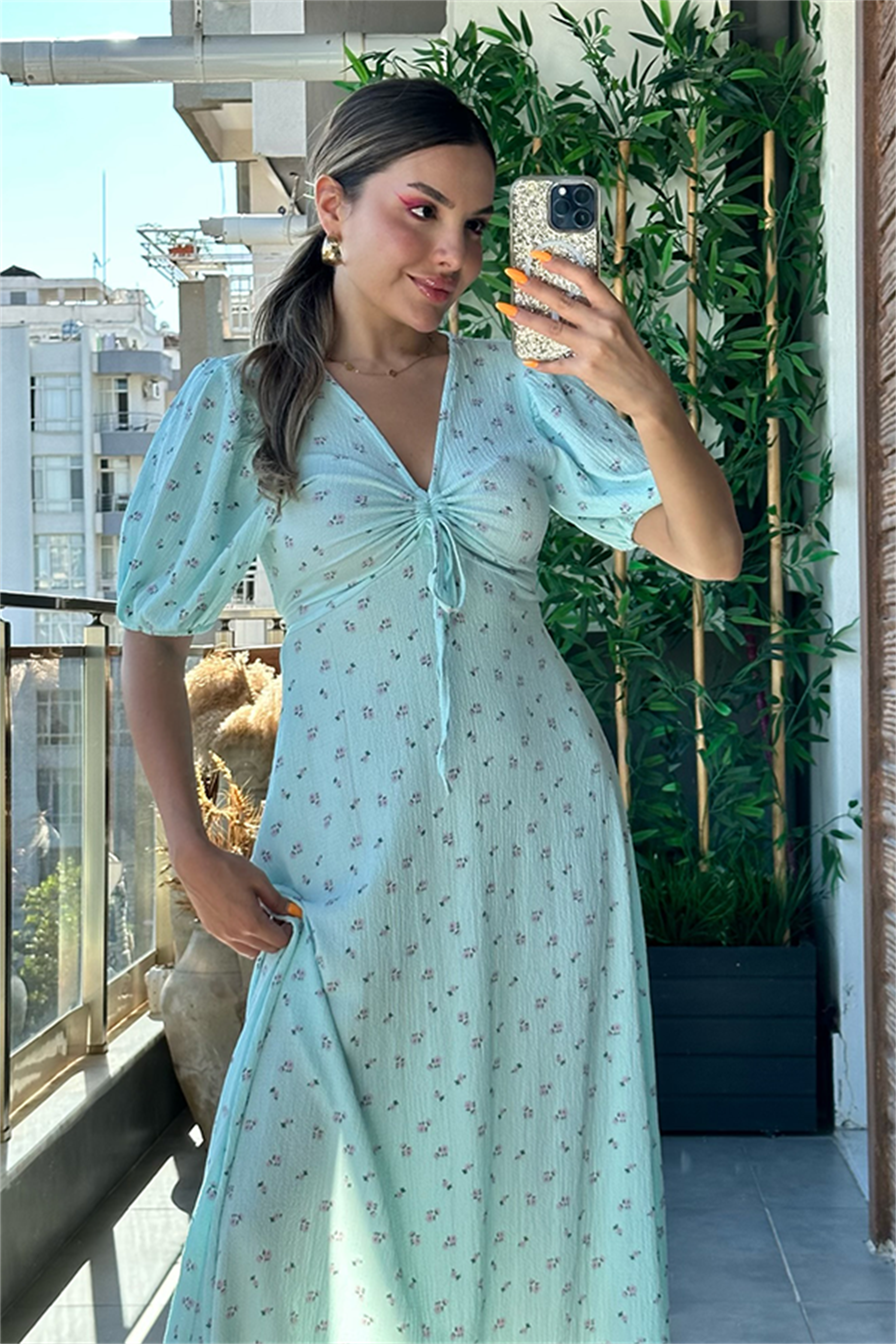 Papaya su yeşil çiçekli çıtır elbise